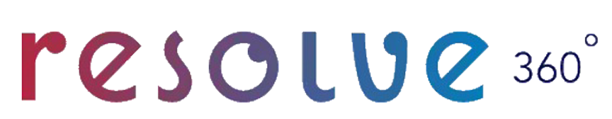 Resolve 360 logo with stylized text and two curved arrows forming a circular motion around the number 360 on a dark blue background.